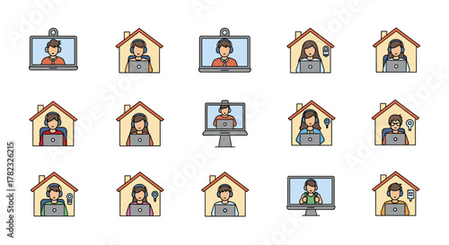 Set of cartoon illustrations depicting people working from home and participating in online meetings and video conferences, showcasing remote work and digital communication with a clean white