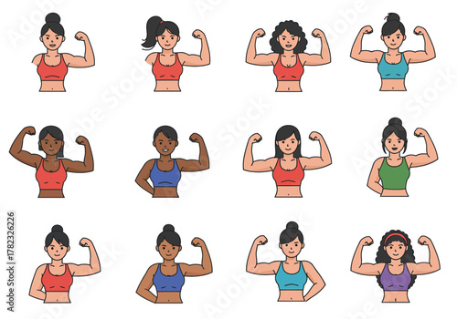 Diverse Women Flexing Biceps in Vector Illustration