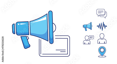 Vivid blue gradient megaphone icon projecting sound waves and speech bubbles, symbolizing communication and marketing, alongside related business icons like location pin, sound wave, and user