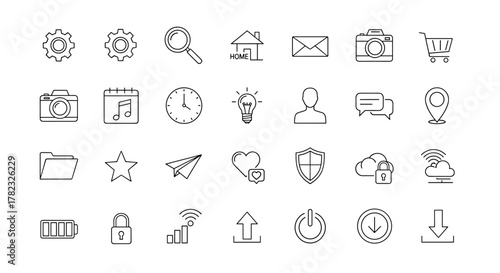 Collection of 30 essential line icons on a clean white background, featuring symbols for technology, communication, business, and lifestyle, perfect for web and app design elements, including
