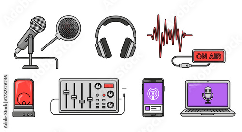 Vector cartoon illustration of podcasting equipment set on a white background, featuring microphones, headphones, audio mixer, smartphone with podcast app, laptop with microphone icon, sound wave