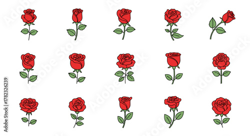 Set of 15 red rose illustrations, each with a green stem and leaves, presented in a clean, ordered line icon style on a white background. This vector cartoon collection features various subtle poses