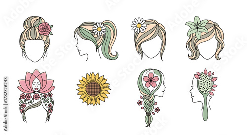 Collection of eight stylized vector illustrations depicting diverse hairstyles adorned with flowers and botanical elements, presented as a clean, ordered line icon set on a white background, perfect