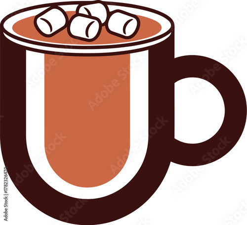 Steaming mug of hot chocolate with marshmallows on a white background design