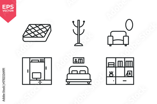 Set of line icons related to furniture, TV stand, mattress, hanger, armchair, bedroom, shelving. Editable stroke. Vector illustration