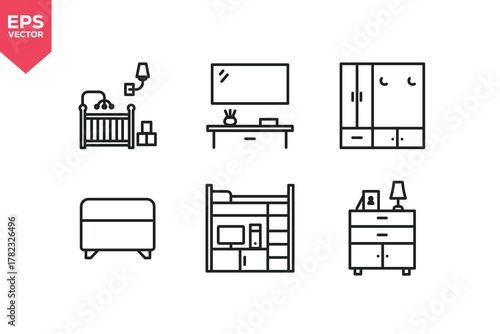 Set of line icons related to furniture, home decor, children room, ottoman, wardrobe, nursery, drawer. Editable stroke. Vector illustration