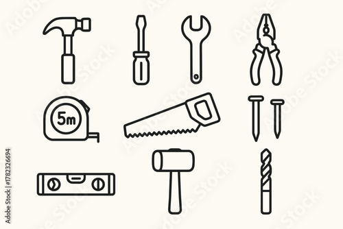 10 icons of construction/repair tools, in line art style (clean black outlines, no fill). Each icon is minimalistic, with clear lines.