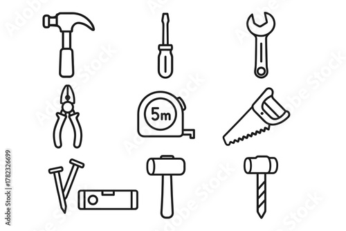icons of construction/repair tools, in line art style (clean black outlines, no fill). Each icon is minimalistic, with clear lines.