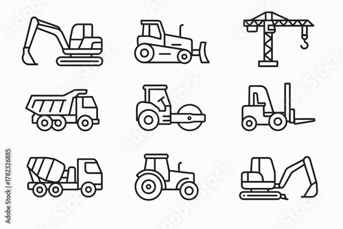 A set of 9 black and white outline vector icons of construction equipment in a minimalist style. All icons are outlined, without fill, with thin lines, and made in a single style.