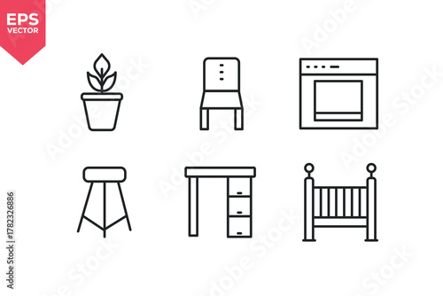 Set of line icons related to furniture, home decor, chair, crib, desk. Editable stroke. Vector illustration