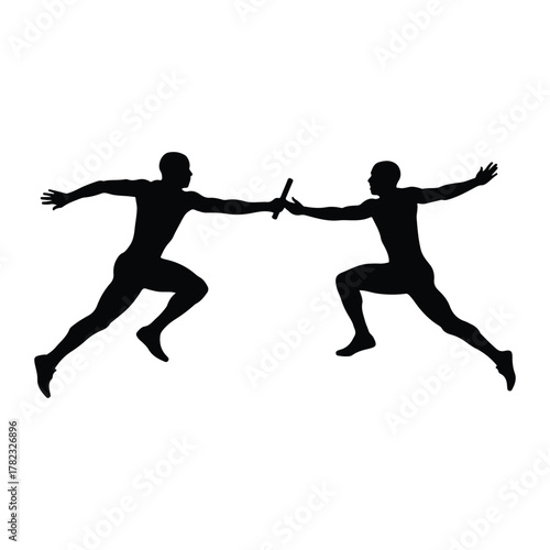 Runners passing baton in silhouette running race