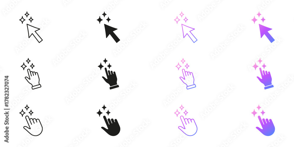 Obraz premium AI Click Cursor and Hand With Sparkle Icons Line and Solid Icon Set. Artificial Intelligence Interactive Pointer and Gesture Symbol Collection. Isolated Vector Illustration