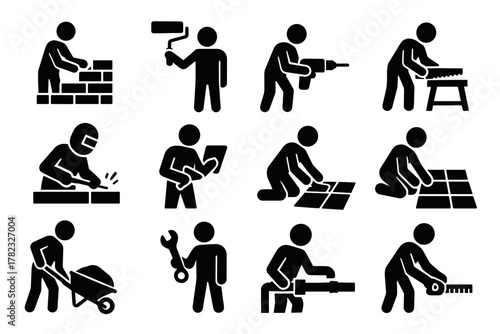 12 black stick figure icons illustrating various construction and repair works. All icons are designed in a uniform minimalistic black and white style without details.