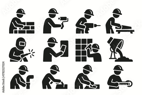 12 silhouette (black and white) vector icons depicting builders performing various activities. All icons are monochrome, filled with black, without outlines or color.