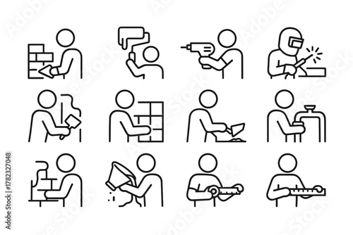 12 linear (black and white) vector icons depicting hand actions or tools used in construction, repair, and decoration. All icons are outlined, without fill, with a thin black outline, in a minimalist 
