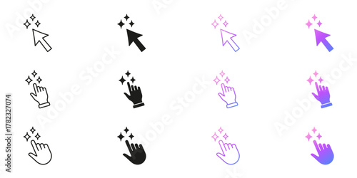 AI Click Cursor and Hand With Sparkle Icons Line and Solid Icon Set. Artificial Intelligence Interactive Pointer and Gesture Symbol Collection. Isolated Vector Illustration