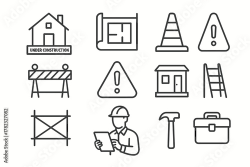 12 black and white outline icons in a minimalist style related to construction and safety on a construction site.