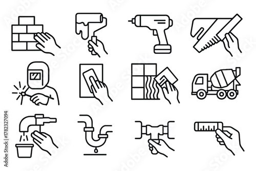 12 linear (black and white) vector icons depicting hand actions or tools used in construction, repair, and decoration. All icons are outlined, without fill, with a thin black outline, in a minimalist 