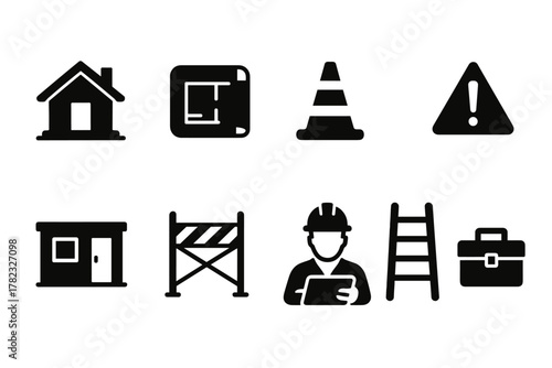 9 black-and-white pictograms related to construction and safety on a construction site.