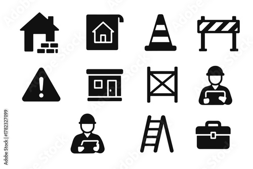 11 black-and-white pictograms related to construction and safety on a construction site.