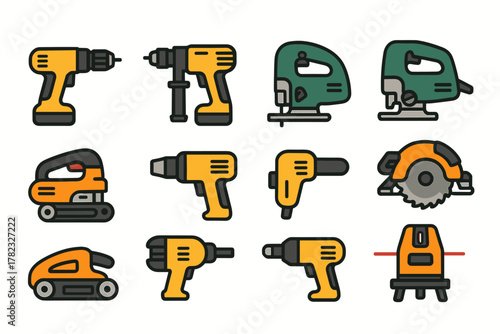 A set of icons for tools related to construction and repair. 