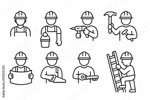 A set of 8 simple linear (black and white) vector icons depicting the same builder in a protective helmet and overalls performing various actions.