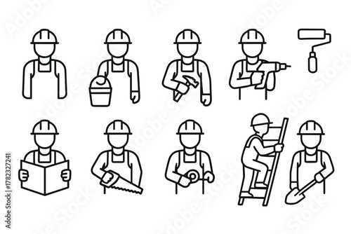 A set of 10 simple linear (black and white) vector icons depicting the same builder in a protective helmet and overalls performing various actions.