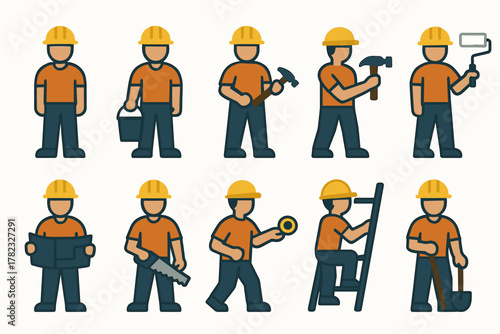 A set of 10 colorful vector illustrations (filled and outlined icons) depicting the same builder in a yellow helmet, orange T-shirt, and blue pants performing various actions.