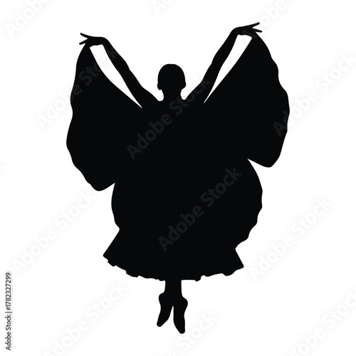 Silhouette of a ballet dancer in a flowing dress woman