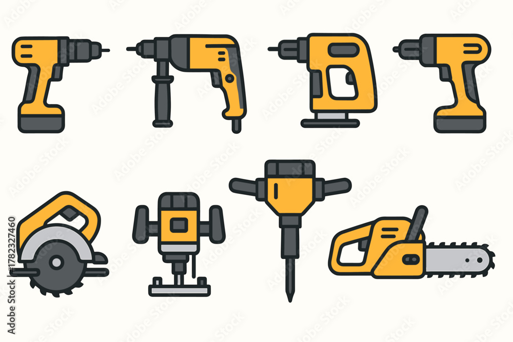 Fototapeta premium A set of icons for tools related to construction and repair. All icons are designed in orange and yellow colors with a simple design.