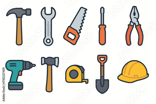 A set of icons representing tools and equipment for construction and repair. All icons are designed in a simplified style using colors such as brown, gray, blue, and yellow.