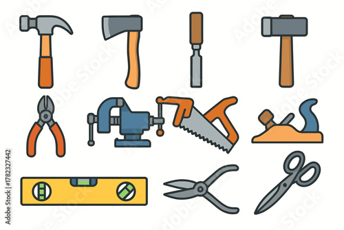 A set of icons for hand tools used in construction and crafts. All icons are designed in a simplified style using colors such as brown, gray, blue, and yellow.