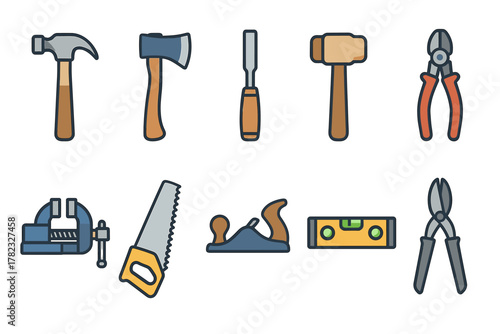A set of icons for hand tools used in construction and repair. All icons are designed in a simplified style using colors such as brown, gray, blue, and yellow.