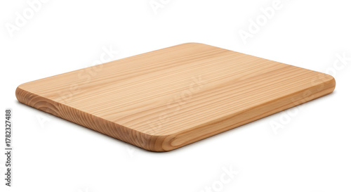 A light brown wooden cutting board with rounded edges on a white background in a studio shot ai generated