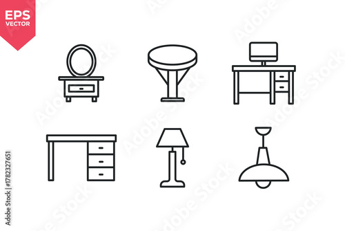 Set of line icons related to furniture, home decor, ceiling lamp, desk, dressing table,  computer desk. Editable stroke. Vector illustration