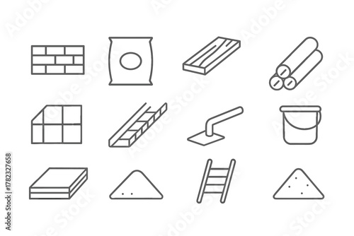 A set of 13 simple linear icons (pictograms) depicting building materials.