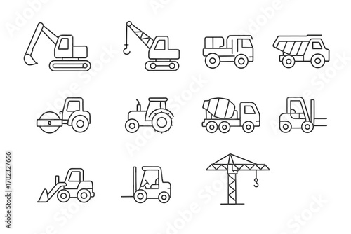 A set of 11 simple linear icons (pictograms) depicting construction equipment and special equipment.