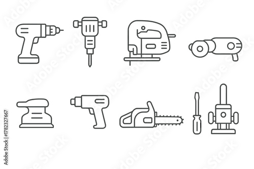 A set of 9 simple linear icons (pictograms) depicting power tools and power tools.