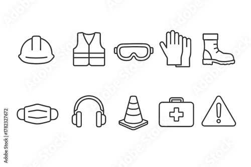 A set of 10 linear icons representing personal protective equipment (PPE) and safety elements in the workplace.