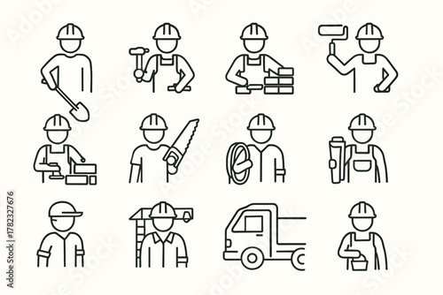 12 simple linear icons (pictograms) depicting builders and construction equipment. All characters wear protective helmets.