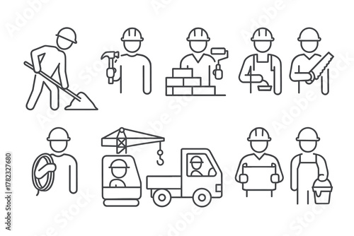 10 simple linear icons (pictograms) depicting builders and construction equipment. All characters wear protective helmets.