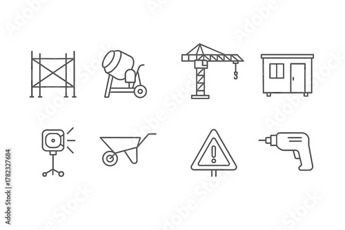 10 line art construction site icons (black outlines, no fill). Perfect for instructions, safety, construction, infographics.