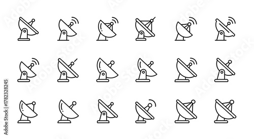 A collection of 18 minimalistic, editable stroke, linear pictogram icons representing satellite dishes, perfect for digital design projects like cards, apps, banners, and social media posts, offering