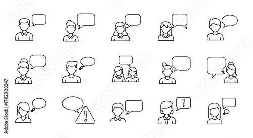A collection of modern outline-style icons depicting people engaged in communication, featuring diverse individuals with speech and thought bubbles, suitable for design projects, cards, apps, and