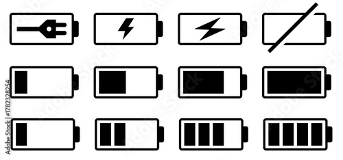 Battery icon set in black and colours. Colourful style vector icons. Battery charge indicator. Battery level, energy, full. Power low up status batteries logo. vector icons.