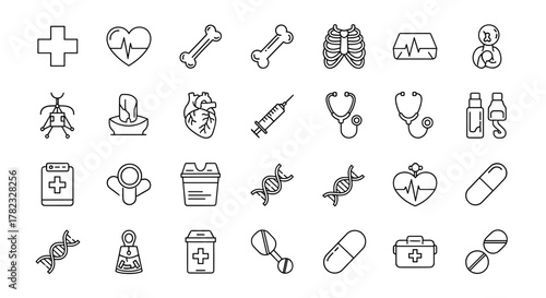 A comprehensive collection of minimalistic linear icons representing various medical and healthcare concepts, including a medical cross, heart with ECG, bones, syringe, stethoscope, DNA strands