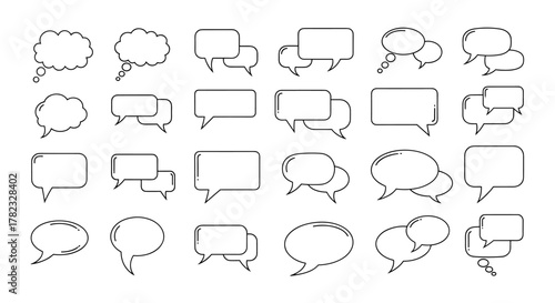 Collection of diverse thin line speech bubbles and thought clouds, symbolizing communication, dialogue, and conversation, perfect for web, books, cards, and apps, editable stroke, vector cartoon