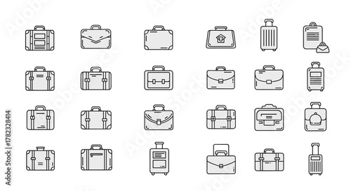 Collection of minimalistic linear icons representing various types of suitcases, briefcases, and baggage, perfect for web design, graphic design, app interfaces, banners, and social network elements