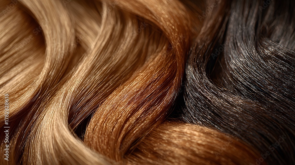 Naklejka premium Extreme close-up photo shows a variety of healthy, luscious hair types, from brunette waves to blonde balayage, highlighted by soft studio light.