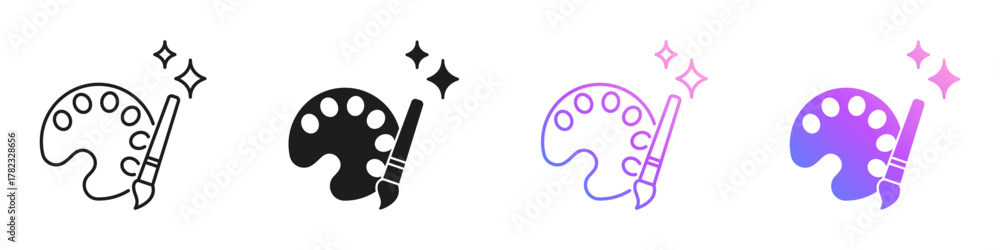 Fototapeta premium AI Palette Icons for Artificial Intelligence Creativity, Art Design and Digital Innovation Line and Solid Icon Set. AI Painting and Content Creation Symbol Collection. Isolated Vector Illustration